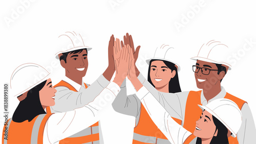 Diverse team of construction workers or engineers in hard hats and safety vests giving a high-five, symbolizing teamwork and success.