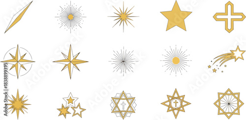 Golden Epiphany star icons featuring radiant Bethlehem stars, crosses, shining bursts, and decorative Christian patterns.