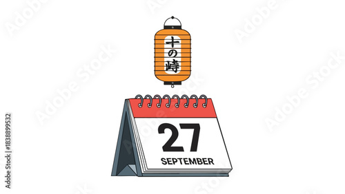 Symbolic Japanese lantern and desk calendar marking September 27, conveying cultural time and scheduled events
