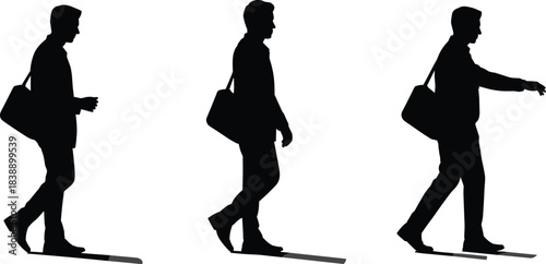 Business man walking silhouettes with shoulder bag showing professional movement, direction, and modern corporate lifestyle