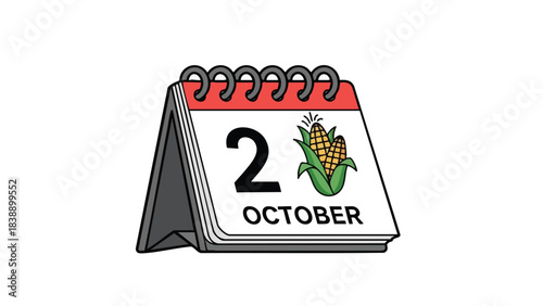 A vibrant cartoon style vector illustration of a desk calendar turned to October 2nd, with two fresh corn ears signifying the autumn harvest season