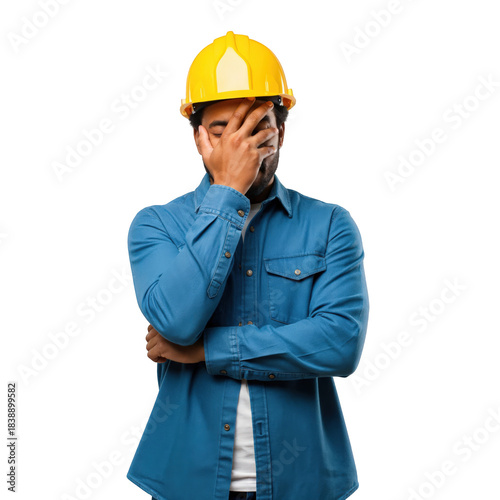 Young African American construction worker in a yellow hard hat and blue denim shirt making a facepalm gesture, expressing frustration or disappointment on a transparent background.