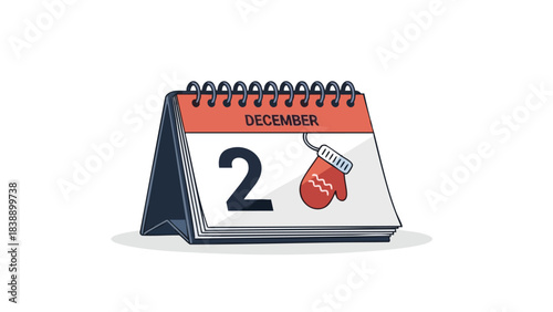 Desk calendar illustration showing December 2nd with a red mitten, symbolizing winter holidays and festive planning ahead