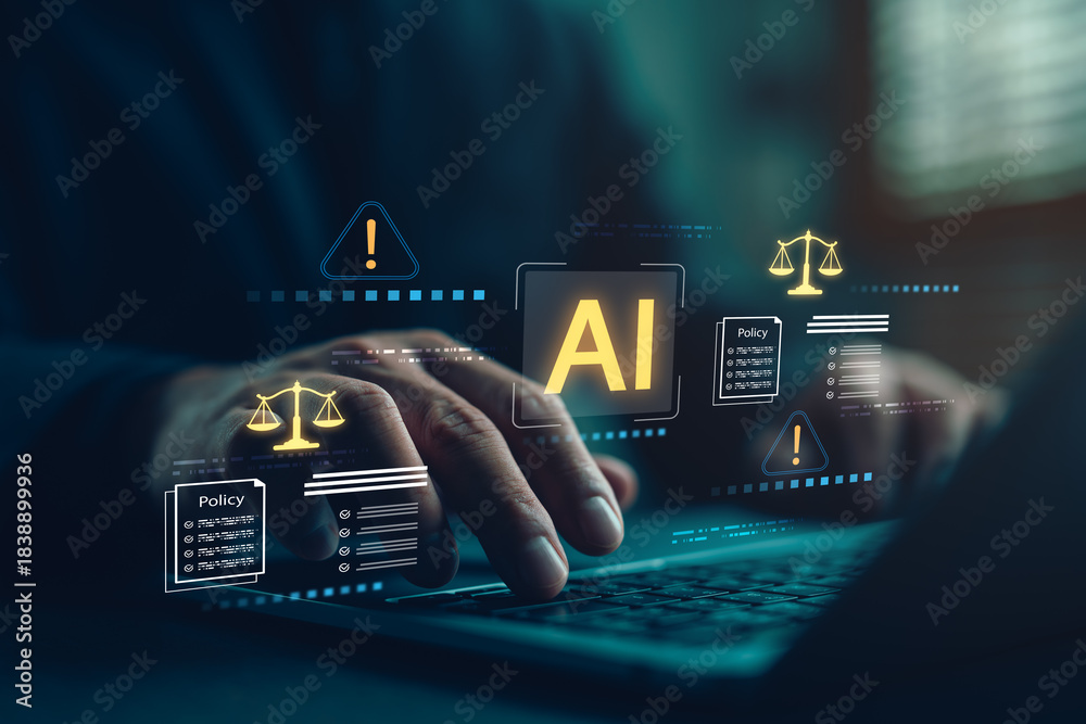 Obraz premium Artificial intelligence and law concept. Businessman working on laptop with icons of AI regulation, policy, ethics, and legal risk. Responsible AI technology and compliance standards.