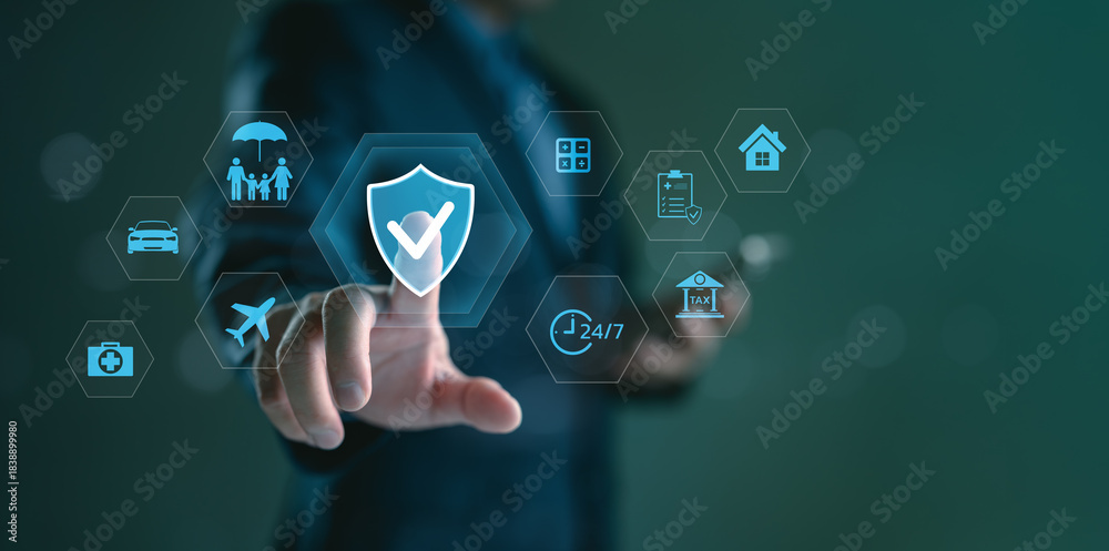 Naklejka premium Businessman touching digital screen with insurance icons. Concept of online insurance service, protection plan, financial security, and insurtech innovation for health, travel, and property coverage.