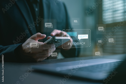 Businessman using smartphone for collecting customer feedback and online review. Concept of digital communication, client satisfaction, and service evaluation in modern business.