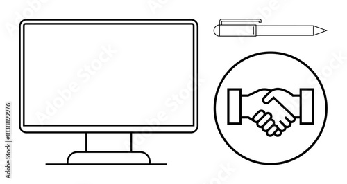 Business collaboration. Handshake symbol and computer screen digital teamwork and agreements. Business collaboration enables partnerships and professional connections. For entrepreneurship