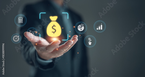 Businessman presenting investment growth and financial management concept. Digital icons of money bag, currency exchange, ROI, and target symbolizing profit strategy and wealth planning.