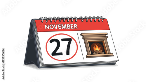 A cozy november day depicted on a desk calendar featuring the twenty-seventh, illustrating a warm inviting fireplace scene with flickering flames