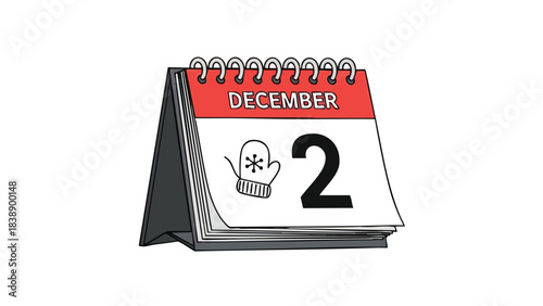A vibrant illustration showcasing a neat desk calendar page for December 2nd, featuring a delightful mitten with a snowflake motif. This evokes