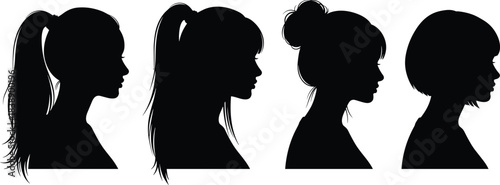 Female profile silhouettes set showing different hairstyles woman head side view isolated on white background beauty fashion concept