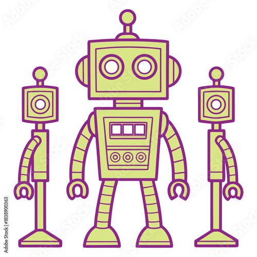Retro robot vector illustration featuring a set of cute old tin toy machine characters, a fun vintage technology concept icon