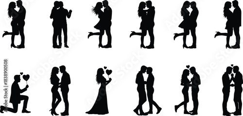 Romantic couple silhouette set showing love, kissing, proposal and embracing poses isolated on white background