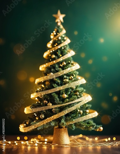 Festive christmas tree with golden ribbon, sparkling lights, and star topper on a dark background, elegant holiday season photo
