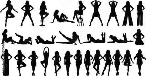 Sexy woman silhouettes set showing fashion poses sitting standing lying confident female style isolated on white background concept