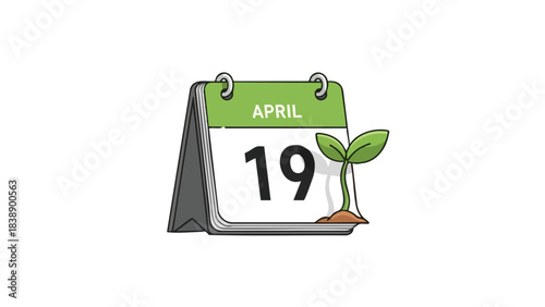 A vibrant illustration of a desk calendar showing April 19th, symbolizing natural growth and fresh beginnings with a tender green sprout emerging