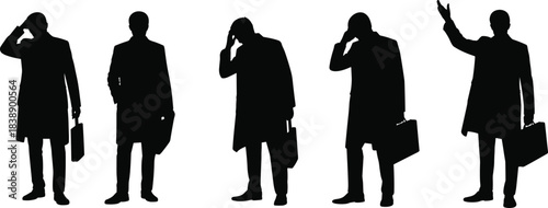 Silhouettes of businessmen holding briefcases in expressive stress and thinking poses representing pressure, decision-making, challenges, confusion, responsibility, and emotion