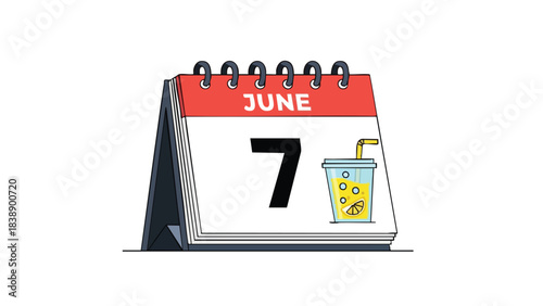A crisp, colorful calendar displaying June 7th, next to a refreshing glass of lemonade, evoking early summer vibes, perfect for event planning and