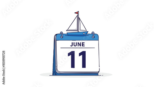 A crisp line art image displaying a blue desk calendar prominently showing June 11, topped by a cheerful sailboat, perfect for summer event reminders.