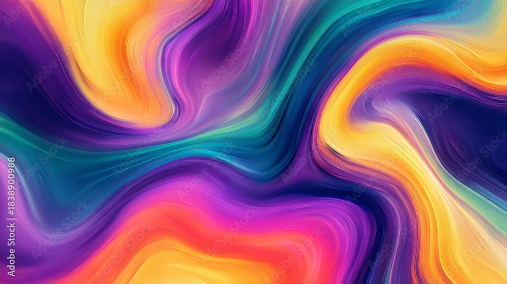 Obraz premium Vibrant Abstract Digital Artwork with Swirling Fluid Patterns in Orange, Pink, Blue, and Teal, Featuring Dynamic Motion, Depth, and Gradient Textures for Creative Backgrounds and Modern Visual Design