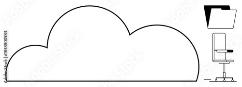 Cloud computing, data storage, remote work, digital organization, office setup, business tools. Simplistic outline of a cloud, office chair and file folder symbol. Cloud computing and data storage