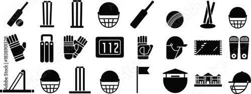 Black silhouette icons for cricket sports equipment and facilities ball wicket