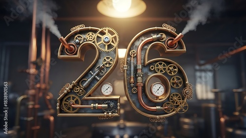 Intricate steampunk number 26 composed of gears pipes and glowing light elements