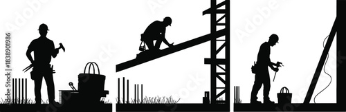 Silhouetted construction workers performing tasks with tools on jobsite scenes, building structure, measuring, working safely, and completing manual labor