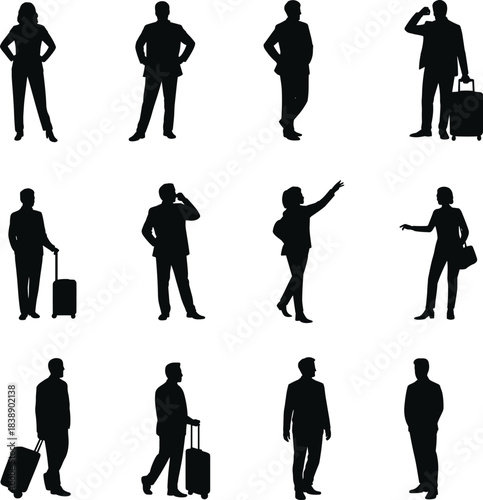 Silhouettes of business travelers standing, walking, and using luggage representing professionalism, communication, mobility, travel lifestyle, corporate movement, and modern work