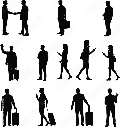 Silhouettes of business travelers walking, greeting, shaking hands, carrying luggage, and using mobile devices representing corporate travel, communication, mobility, professionalism