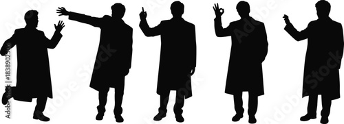 Silhouettes of businessman making expressive hand gestures representing communication, approval, direction, success, confidence, positivity, explanation, and interaction