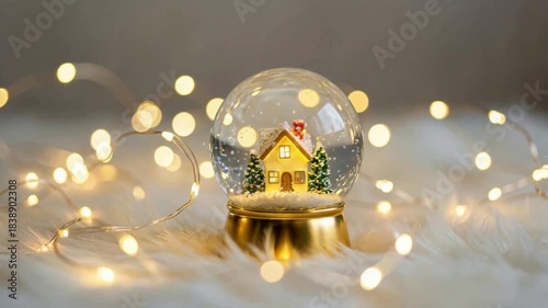 Christmas snow globe with cozy house and fairy lights, holiday decoration and dream home real estate marketing