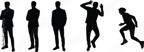 Silhouettes of businessmen standing with arms crossed and expressive poses alongside active running figure representing attitude, motion, energy, confidence, dynamics