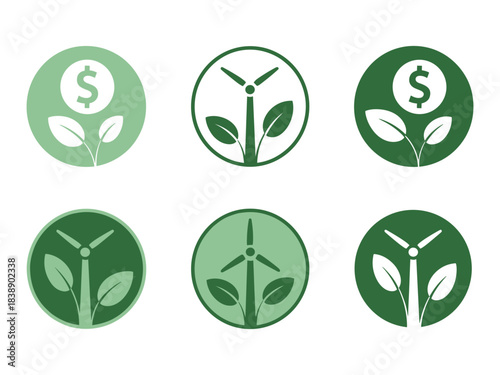 Green energy and finance icons with dollar sign and wind turbines money