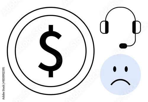 Financial loss concept. Depicts a dollar sign, headset, and sad face monetary dissatisfaction and customer service issues. Perfect for business, finance, customer service, online banking