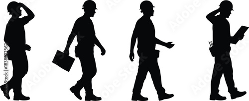 Silhouettes of construction workers walking and inspecting documents, representing industry, labor, teamwork, jobsite tasks, safety, responsibility, and craftsmanship