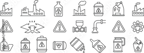 Industrial hazard and warning icons with factories and containers factory industry
