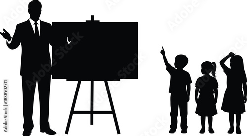 Teacher silhouette explaining lesson to children showing education learning classroom teaching concept isolated on white background