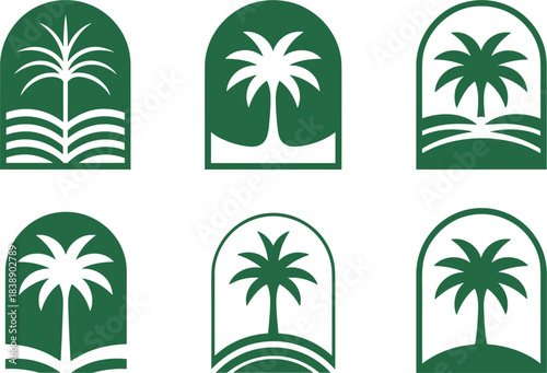 Palm tree icons within arched frames and desert landscape elements oasis nature