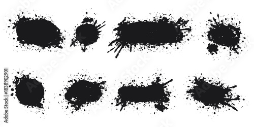 Ink stains and splashes set. Paint explosion. Sloppy street style. Black blots, abstract grunge elements. Vector graphics