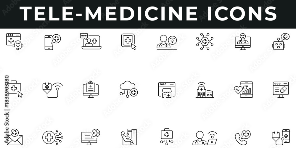 Fototapeta premium Tele Medicine Icons vector illustration with thin line editable stroke containing digital health, virtual consultation, medical apps, services, pharmacy, online doctor, diagnosis, e-health, virtual