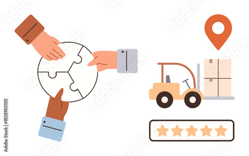 Hands assembling a puzzle circle, forklift moving boxes, map pin, and five-star rating. Ideal for teamwork, logistics, customer satisfaction, supply chain, partnership collaboration innovation