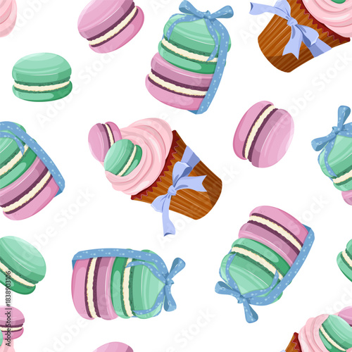 A beautiful cake macaroon pattern with delicate shades on a white background. Perfect for textile decoration and packaging.