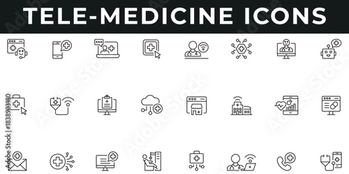 Tele Medicine Icons vector illustration with thin line editable stroke containing digital health, virtual consultation, medical apps, services, pharmacy, online doctor, diagnosis, e-health, virtual