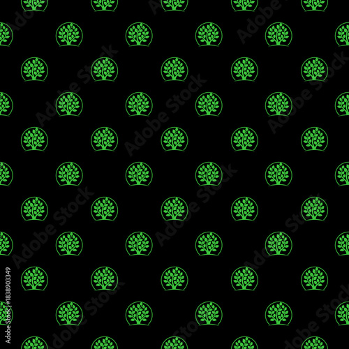 Tree logo green seamless pattern isolated on black background