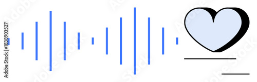 Health communication, technology, emotional connection, sound design, relationship care, digital innovation. Blue audio waveform next to a heart shape. Health communication and technology