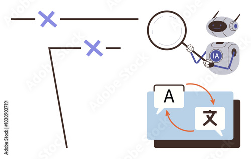 Robot with magnifying glass investigates language translation flow between text bubbles. Ideal for AI, communication, translation, research, education, process efficiency, and linguistics themes. A