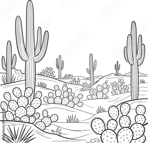 Desert landscape with saguaro and prickly pear cacti
