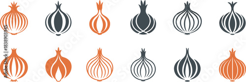 Ten stylized onion icons in orange and dark gray on white background vegetable food