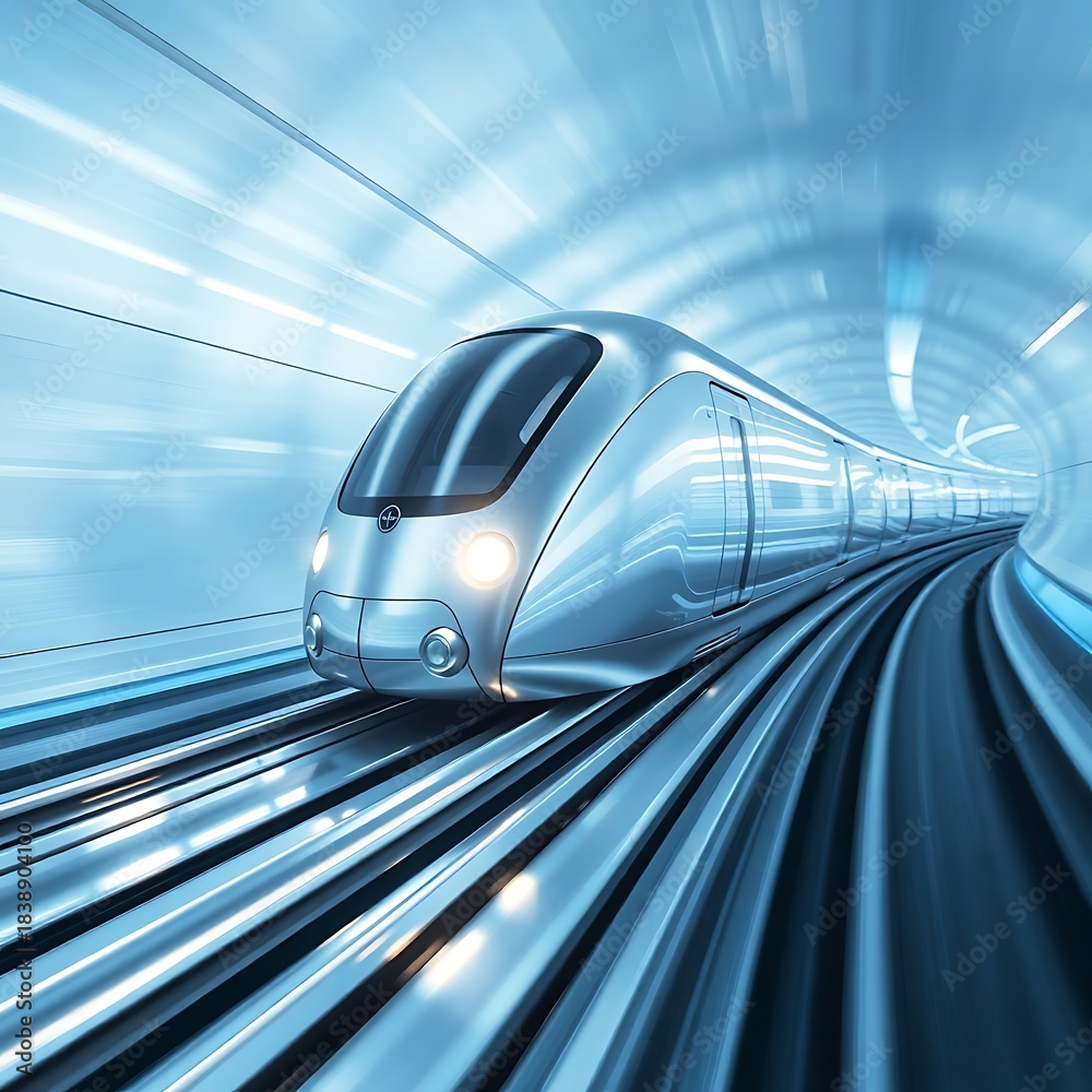 Fototapeta premium A sleek futuristic high-speed train glides along an elevated rail track, showcasing advanced transportation technology, modern engineering, rapid mobility, and innovative design for future urban trans